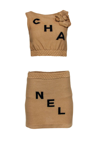 Current Boutique-Chanel - Tan Knit Chanel Logo Tank & Skirt Set w/ Rosette Sz 4