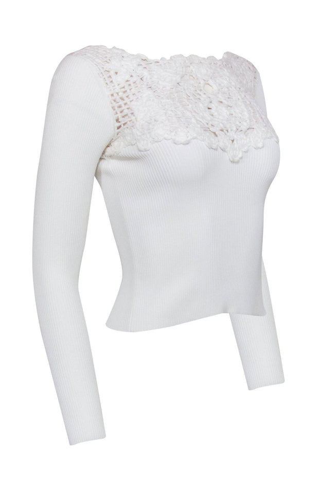 Current Boutique-Chanel - White Ribbed Crochet-Front Cropped Top Sz XS