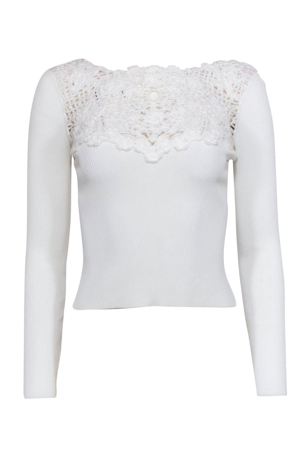 Current Boutique-Chanel - White Ribbed Crochet-Front Cropped Top Sz XS