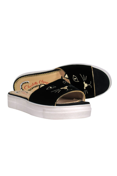 Current Boutique-Charlotte Olympia - Black Suede Cat Face Sides Sz 11