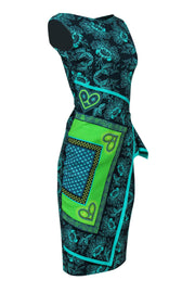 Current Boutique-Chiara Boni - Blue & Neon Green Tropical Floral Print Faux Wrap Dress w/ Bandana Design Sz 4