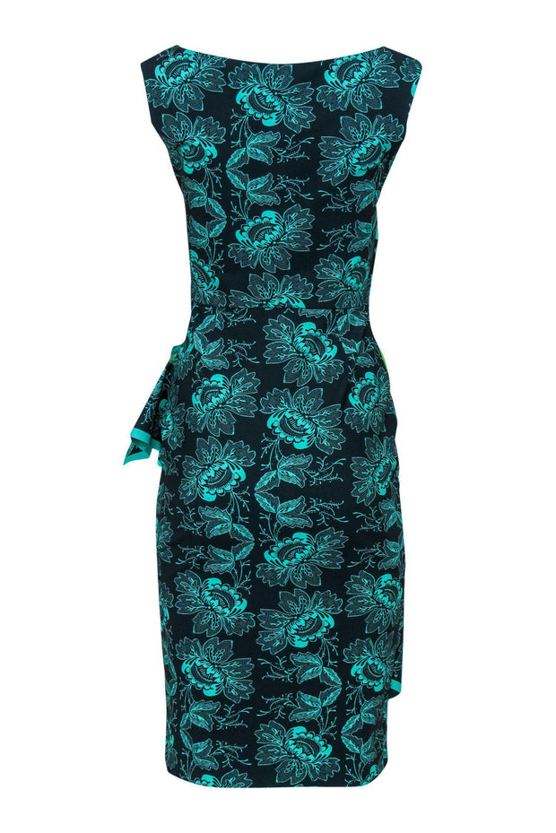 Current Boutique-Chiara Boni - Blue & Neon Green Tropical Floral Print Faux Wrap Dress w/ Bandana Design Sz 4