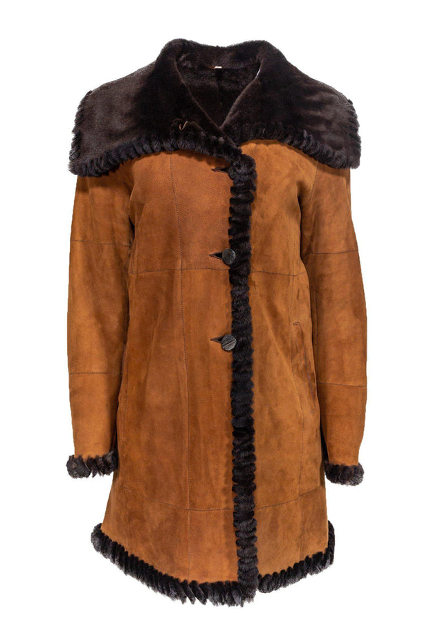 Current Boutique-Christia - Brown Suede Long Coat w/ Fur Collar & Lining Sz S