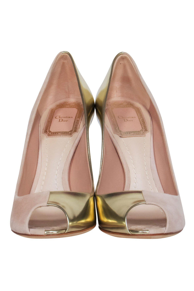 Current Boutique-Christian Dior - Beige Suede & Gold Leather Open Toe Pumps Sz 6.5