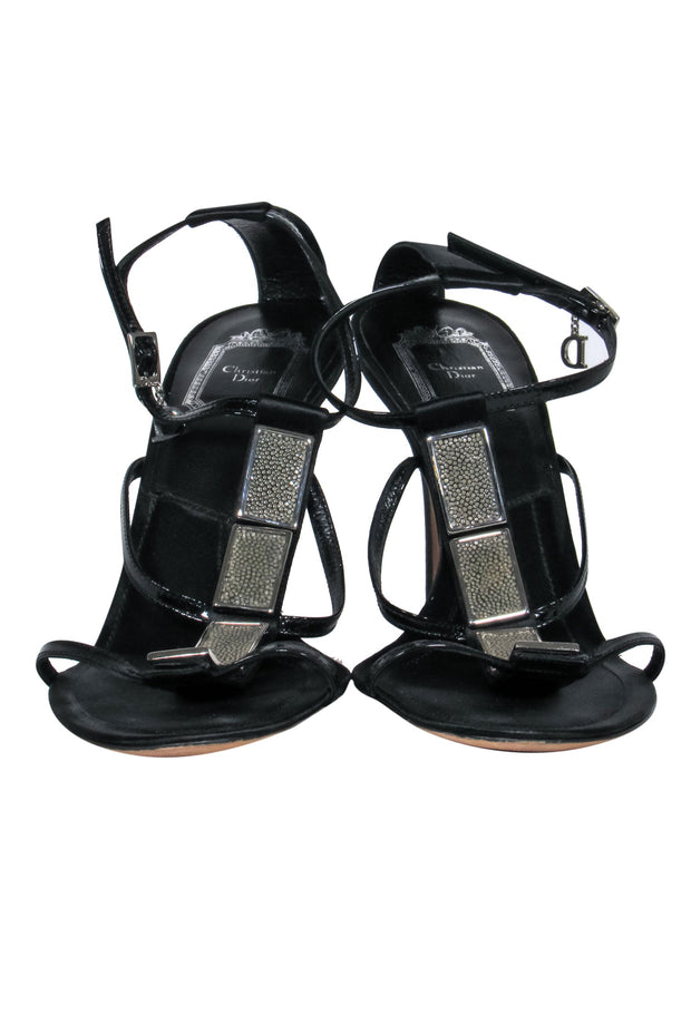 Current Boutique-Christian Dior - Black Leather "Galuchat" Sandal w/ Metal Design Sz 10