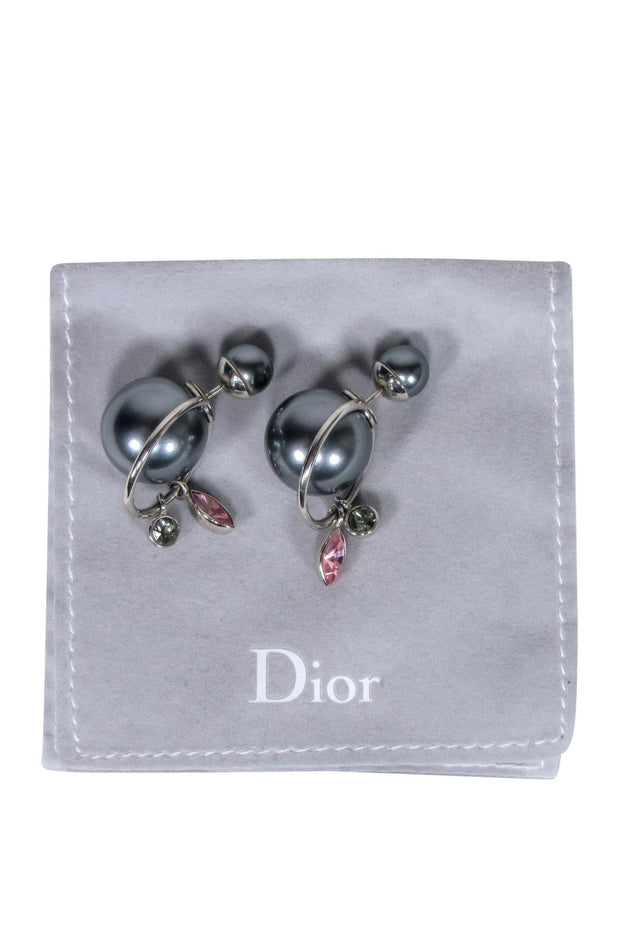 Current Boutique-Christian Dior - Gunmetal & Silver "Tribales" Stud Earrings w/ Dangle Gems