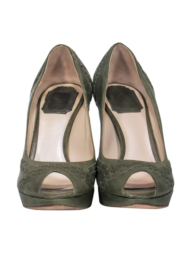 Current Boutique-Christian Dior - Metallic Olive Green Leather Peep Toe Pumps Sz 7