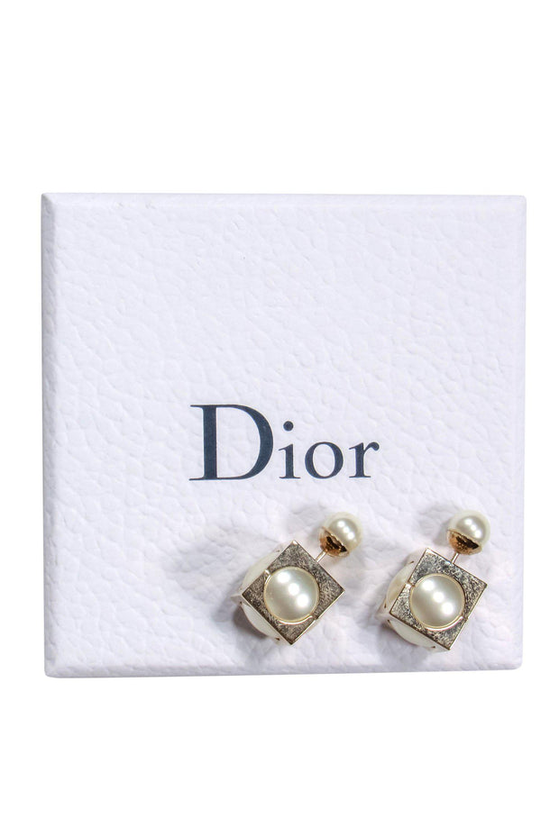 Current Boutique-Christian Dior - Pearl Resin & Gold Square "Tribales" Earrings