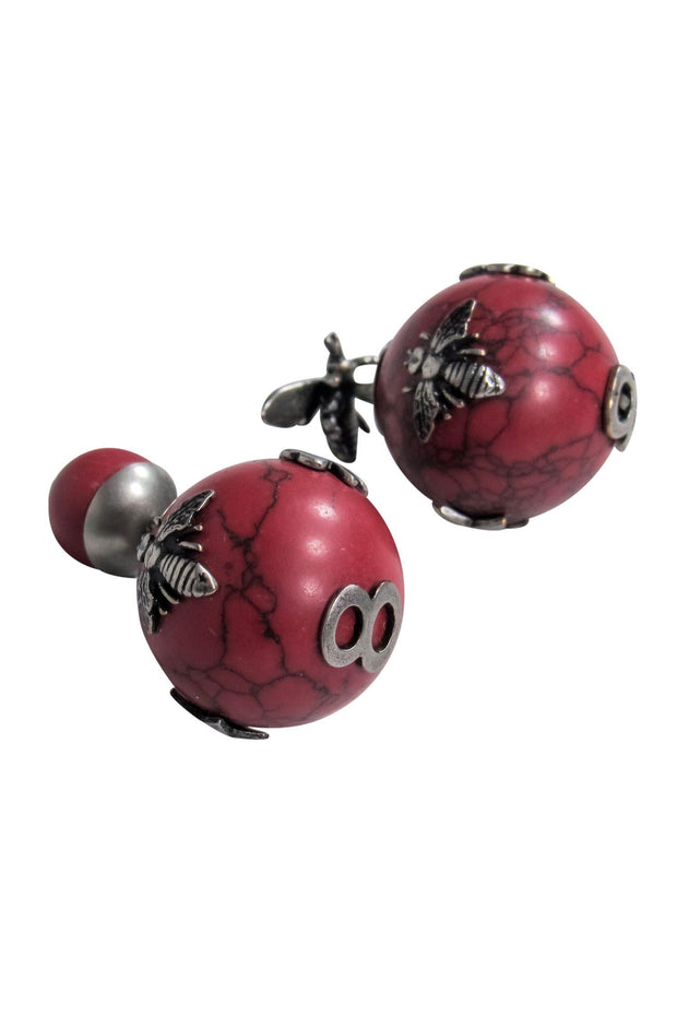 Current Boutique-Christian Dior - Red Marbled Round "Tribales" Earrings w/ Bees & Clovers