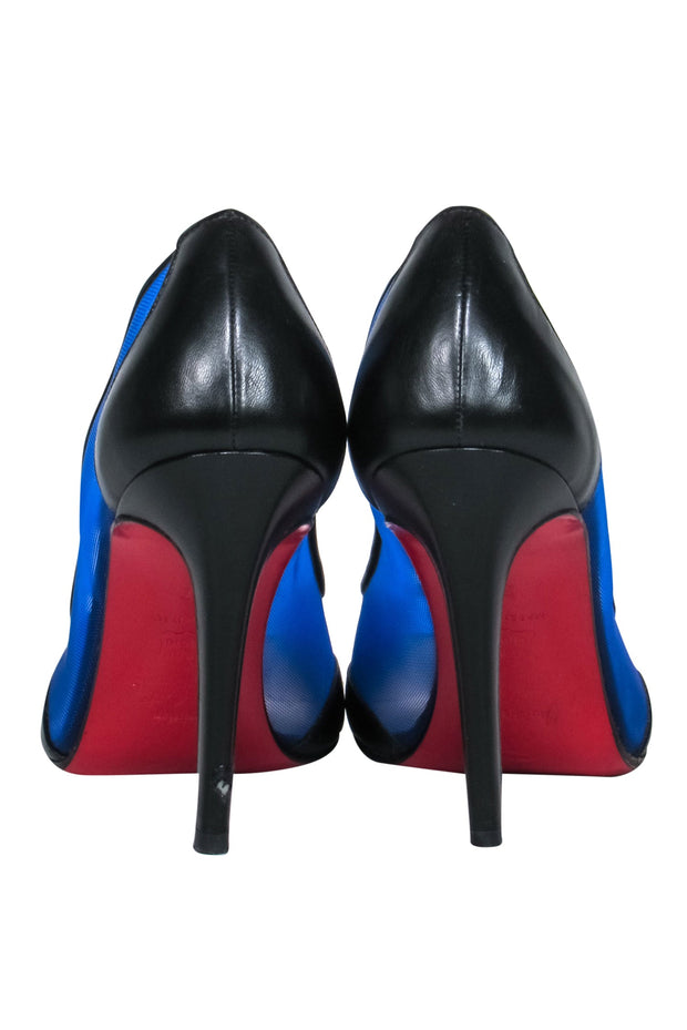 Current Boutique-Christian Louboutin - Black Leather & Blue Mesh Pointed Toe Pumps Sz 7