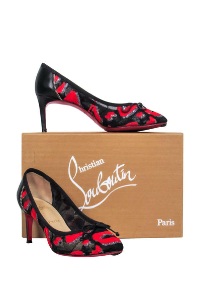 Current Boutique-Christian Louboutin - Black Mesh Pumps w/ Red Sparkly Lip Print Design Sz 9