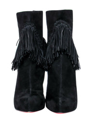 Current Boutique-Christian Louboutin - Black Suede Platform Stiletto Ankle Booties w/ Fringe Trim Sz 10