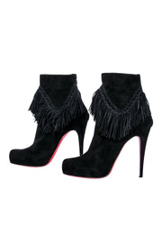 Current Boutique-Christian Louboutin - Black Suede Platform Stiletto Ankle Booties w/ Fringe Trim Sz 10