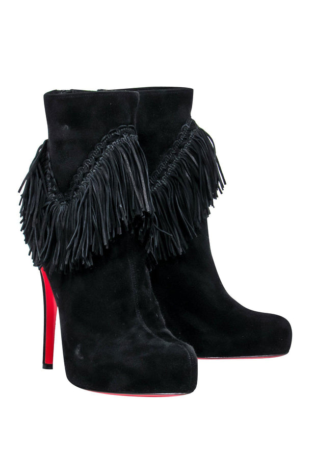 Current Boutique-Christian Louboutin - Black Suede Platform Stiletto Ankle Booties w/ Fringe Trim Sz 10