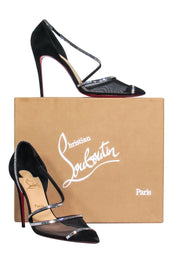 Current Boutique-Christian Louboutin - Black Suede Pointed “Chiara” Stilettos w/ Mesh & Crystal Trim Sz 10.5