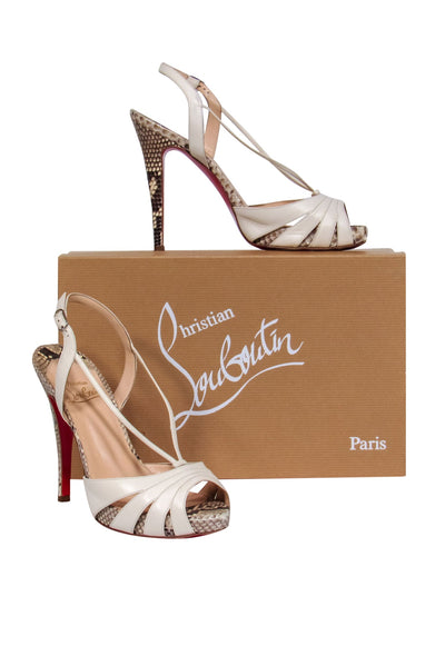 Current Boutique-Christian Louboutin - White Leather & Snakeskin Strappy Slingback Pumps Sz 7.5