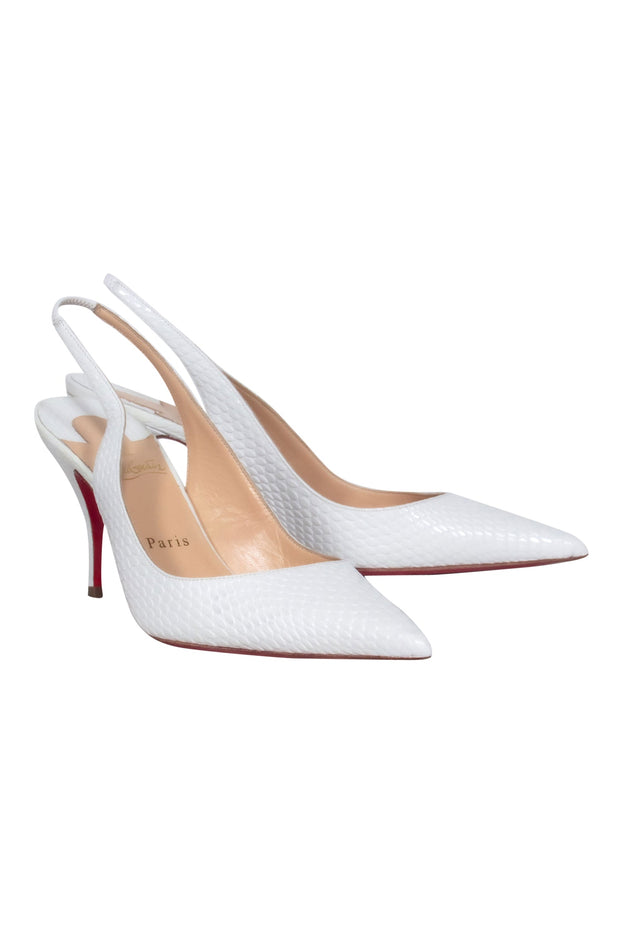 Current Boutique-Christian Louboutin - White Reptile Embossed Pointed Toe Slingback Heels Sz 8.5