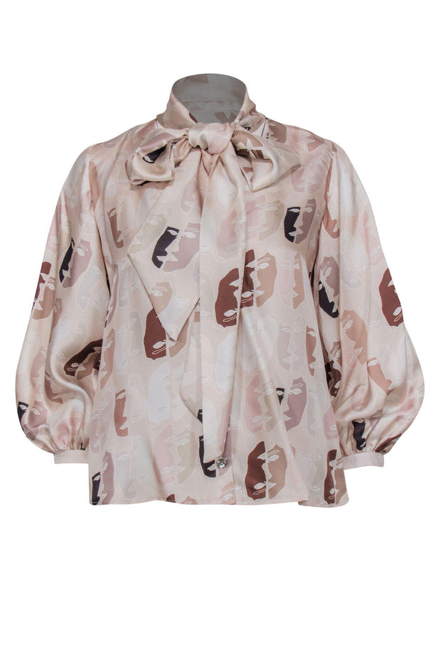 Current Boutique-Christine Alcalay - Beige Face Print Button-Up Silk Blouse w/ Necktie Sz XS