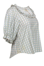 Current Boutique-Christy Dawn - Light Green, Blue & Beige Gingham Ruffled “Amber” Blouse Sz S