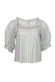 Current Boutique-Christy Dawn - Light Green, Blue & Beige Gingham Ruffled “Amber” Blouse Sz S