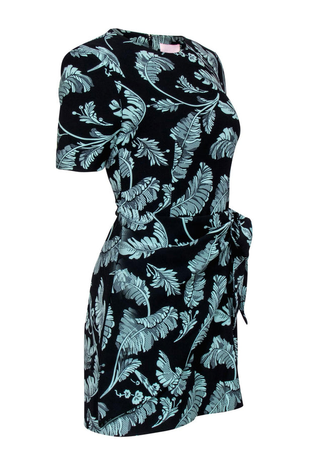 Current Boutique-Cinq a Sept - Black & Green Leaf Print Short Sleeve Sheath Dress w/ Wrap Sz 2