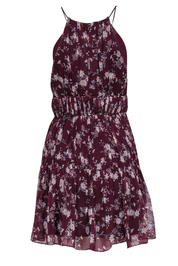 Current Boutique-Cinq a Sept - Maroon Floral Print Racer Top Mini Dress w/ Keyhole Sz M