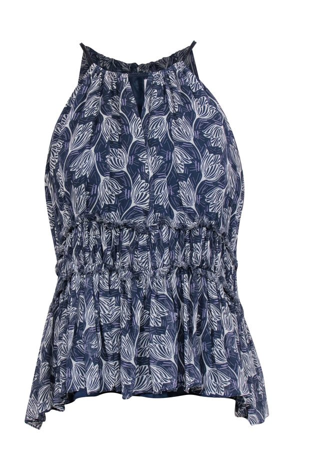 Current Boutique-Cinq a Sept - Navy & Ivory Floral Printed Silk Sleeveless Blouse Sz M