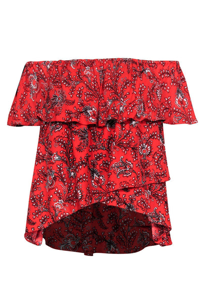 Current Boutique-Cinq a Sept - Red Floral Off-the-Shoulder Top w/ Tassels Sz L