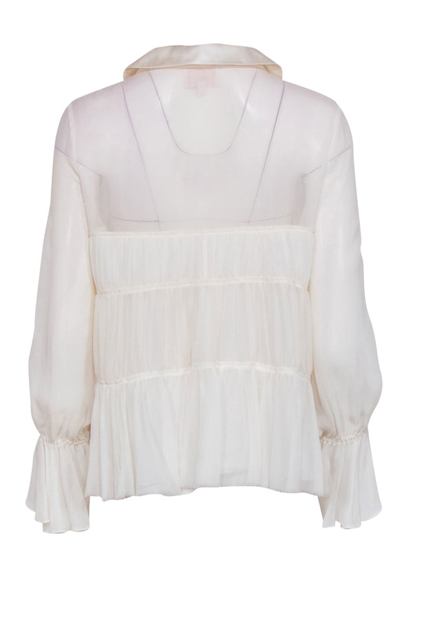 Current Boutique-Cinq a Sept - White Sheer Silk Tiered Peasant Blouse w/ Black Ties Sz S