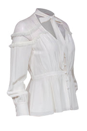 Current Boutique-Cinq a Sept - White Silk Keyhole Ruffled Blouse w/ Mesh Sz S