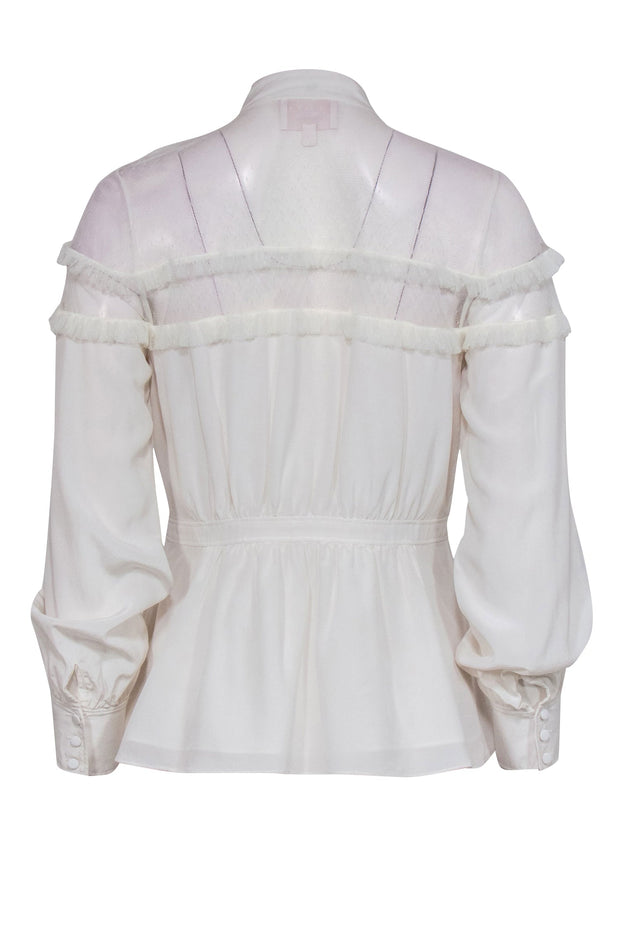 Current Boutique-Cinq a Sept - White Silk Keyhole Ruffled Blouse w/ Mesh Sz S