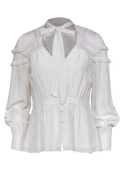 Current Boutique-Cinq a Sept - White Silk Keyhole Ruffled Blouse w/ Mesh Sz S