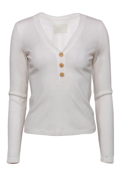 Current Boutique-Citizens of Humanity - White Ribbed Long Sleeve Henley-Style "Scarlett" Top Sz S