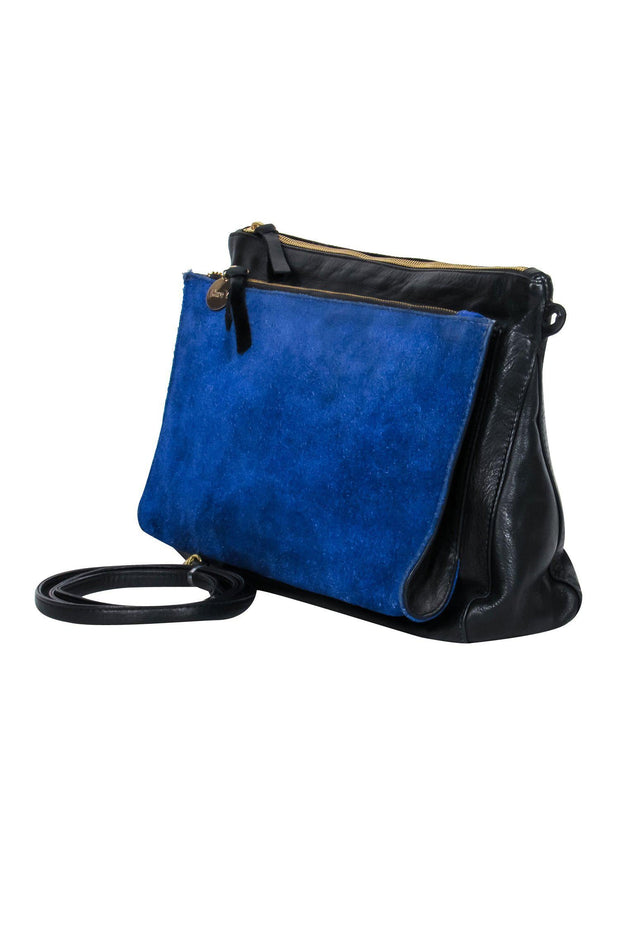 Current Boutique-Clare V. - Black Leather Square Crossbody w/ Blue Suede Pocket