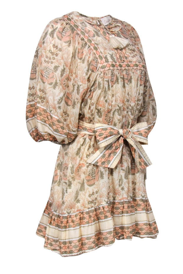 Current Boutique-Cleobella - Beige, Pink & Green Floral Print Balloon Sleeve Belted Dress Sz M