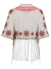 Current Boutique-Cleobella - Cream Cardigan Shirt w/ Multicolor Embroidery & Fringe Trim Sz XS