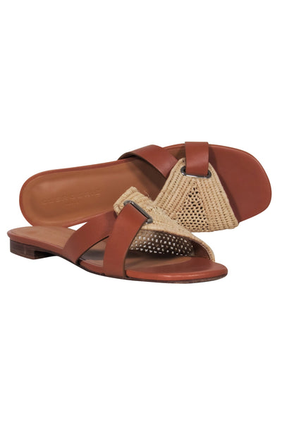 Current Boutique-Clergerie - Brown Leather & Woven Rattan Side Sandals Sz 6.5