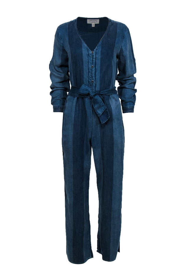 Current Boutique-Cloth & Stone by Anthropologie - Blue Chambray Striped Long Sleeve Jumpsuit Sz S