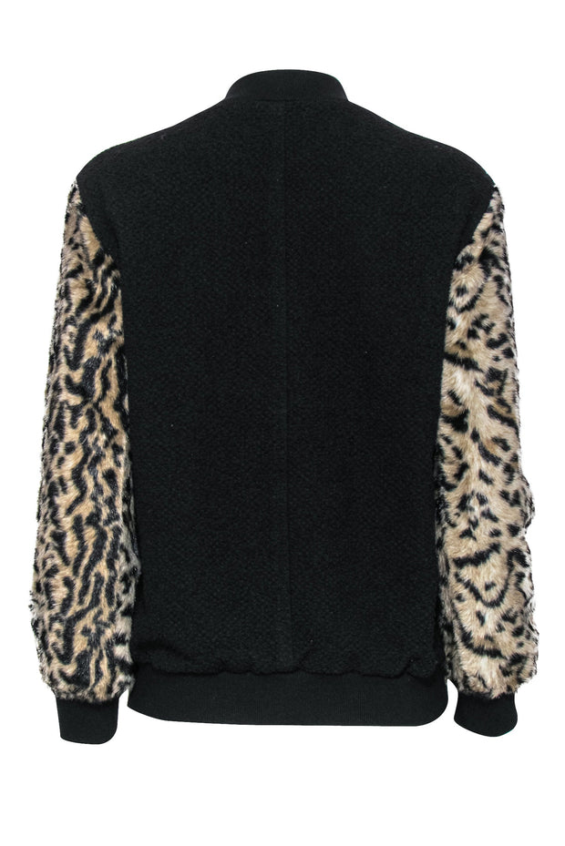 Current Boutique-Club Monaco - Black Zip-Up Bomber Jacket w/ Faux Fur Leopard Print Sleeves Sz S