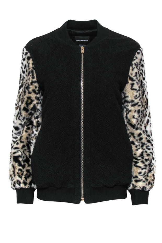 Current Boutique-Club Monaco - Black Zip-Up Bomber Jacket w/ Faux Fur Leopard Print Sleeves Sz S