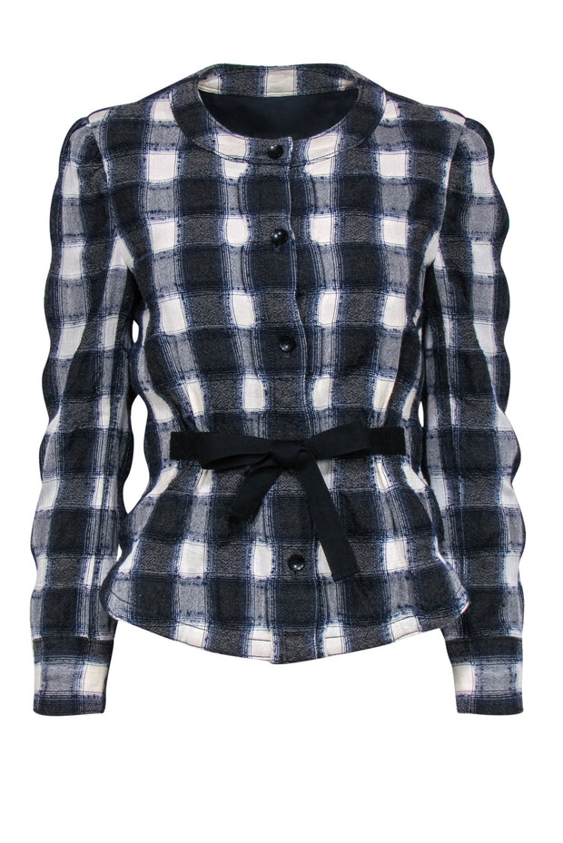 Current Boutique-Club Monaco - Blue, Grey & White Plaid Jacket w/ Waist Tie Sz S