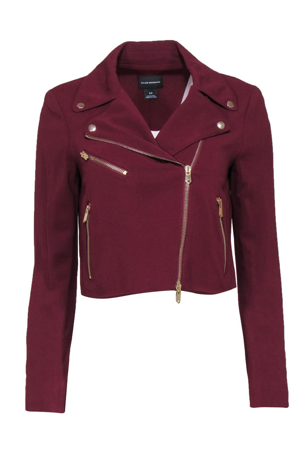 Current Boutique-Club Monaco - Burgundy Cropped Zip-Up Moto-Style Jacket Sz S