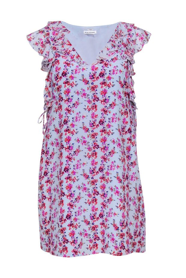 Current Boutique-Club Monaco - Light Blue & Multicolored Floral Print Ruffle Silk Shift Dress Sz 00