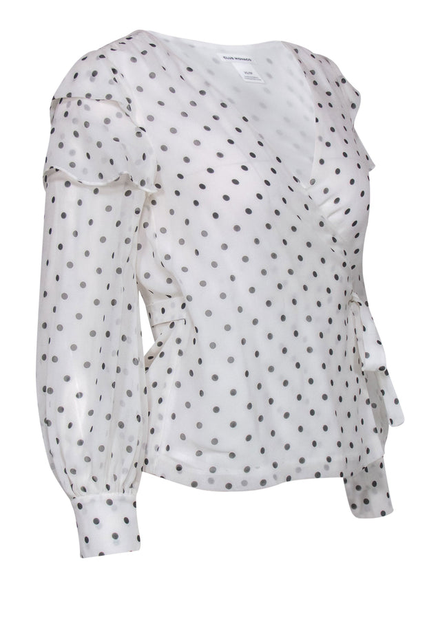 Current Boutique-Club Monaco - White & Black Polka Dot Ruffled Wrap Blouse Sz XS