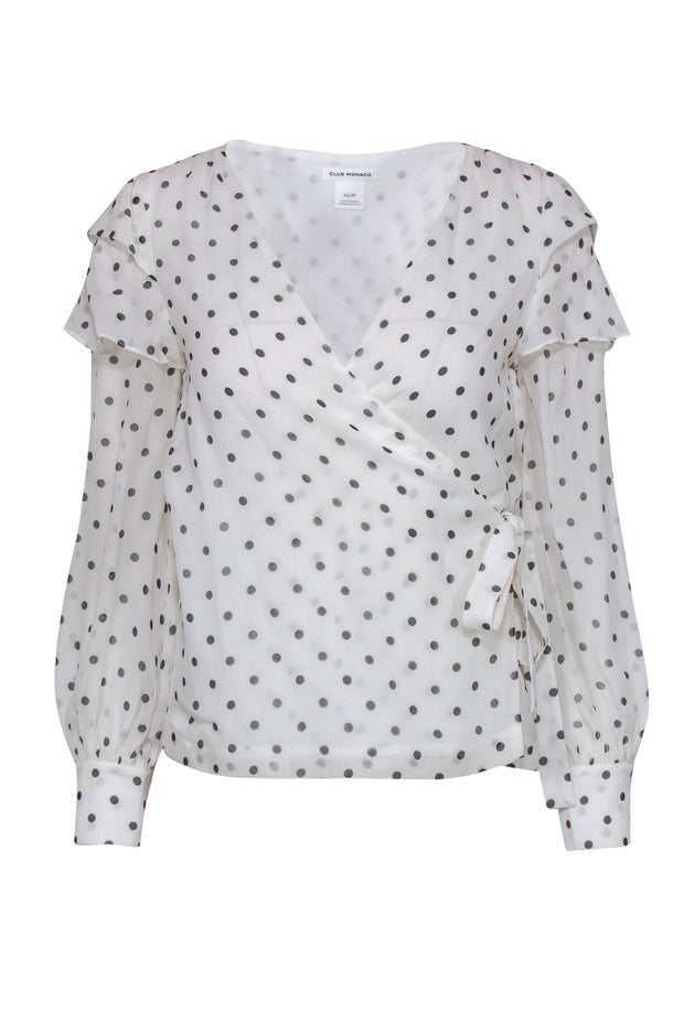 Current Boutique-Club Monaco - White & Black Polka Dot Ruffled Wrap Blouse Sz XS