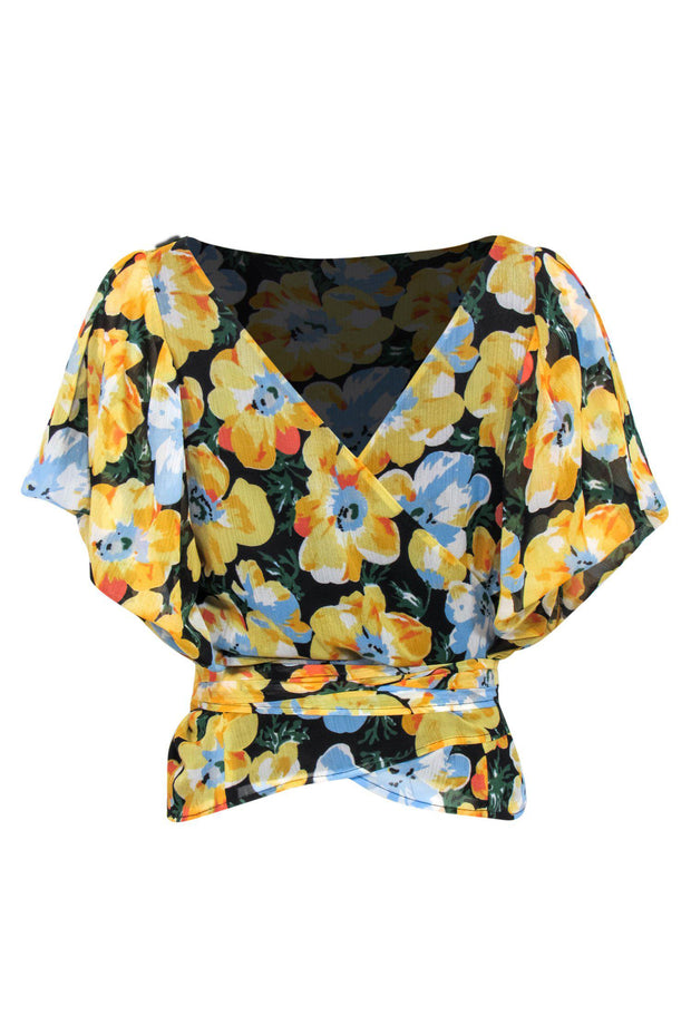 Current Boutique-Club Monaco - Yellow, Black & Blue Floral Print Puff Sleeve Wrap Blouse Sz L