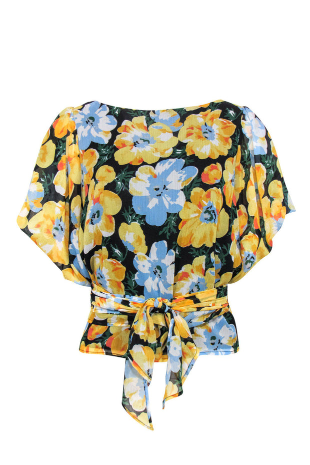 Current Boutique-Club Monaco - Yellow, Black & Blue Floral Print Puff Sleeve Wrap Blouse Sz L