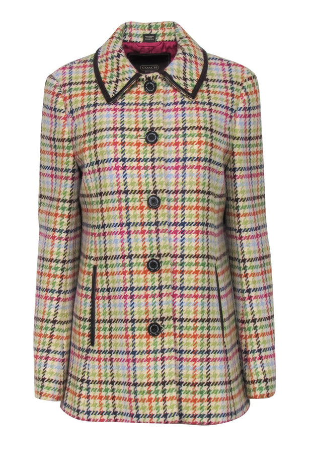 Current Boutique-Coach - Beige & Multicolor Houndstooth Wool Peacoat w/ Faux Leather Trim Sz M