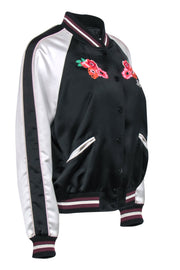 Current Boutique-Coach - Black & White Satin Bomber Jacket w/ Floral Embroidery Sz M