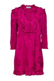 Current Boutique-Coach - Fuchsia Satin Floral Textured Peasant Dress w/ Ruffles Sz 10